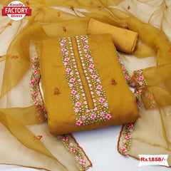 Mustard Yellow Organza Multi-Embroidery Kurtha Suruwal Piece