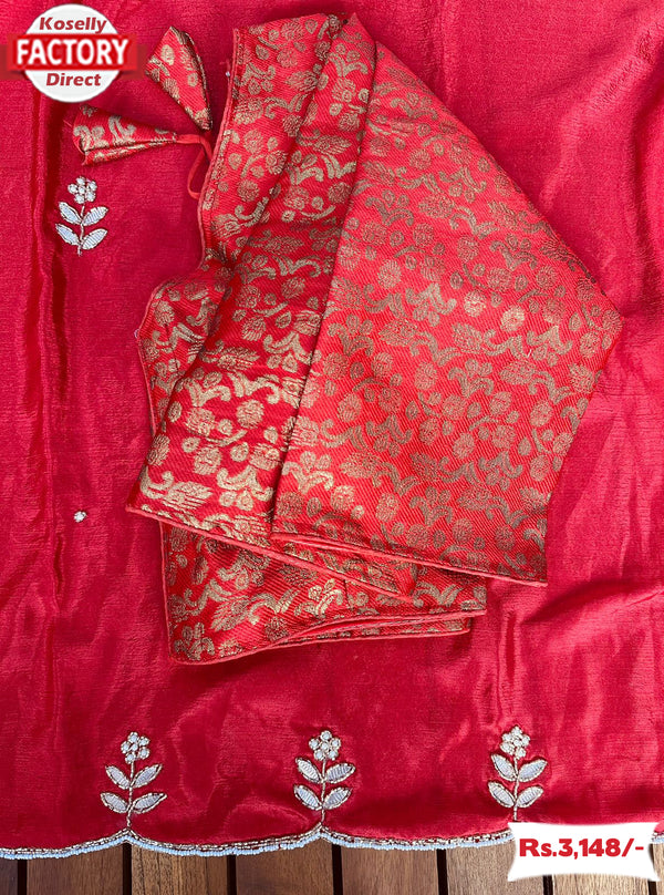 Red Handworked Silk Saree With Un-stitched Blouse