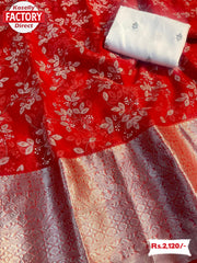 Red Kanchi Organza Pigment Foil Work Saree