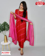 Red Muslin Embroidered Kurtha Dupatta Set
