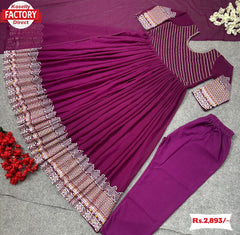 Wine Georgette Embroidered Gown Dupatta Set