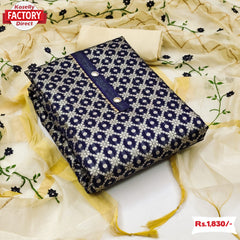 Navy Blue Chanderi Jacquard Kurtha Suruwal Piece