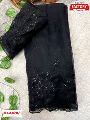 Black Soft Organza Floral Sequins Embroidery Work Saree