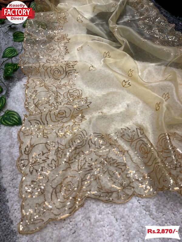 Golden Soft Organza Floral Sequins Embroidery Work Saree