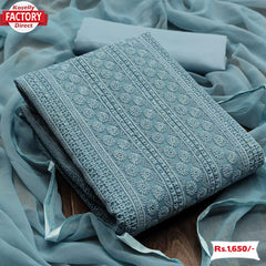 Ocean Blue Soft Chiffon Chikankari Kurtha Suruwal Piece