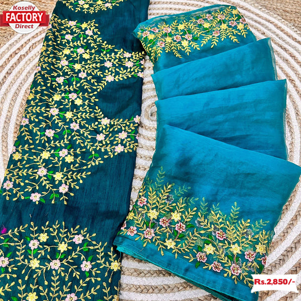 Sky Blue Organza Zari And Thread Embroidered Saree