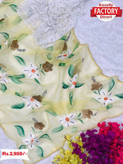 Yellow Hand Painted Pure Organza Saree With Readymade Blouse