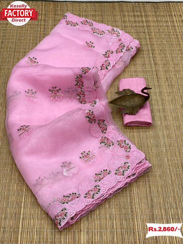 Baby Pink Organza Saree With Multi-thread Embroidery Work