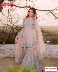 Nude Pink Partywear Kurtha Sharara Dupatta Set