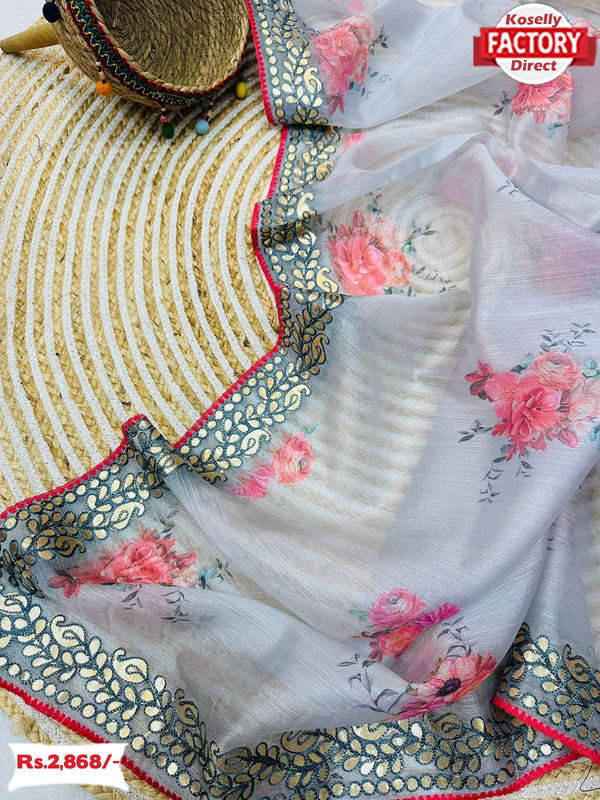 Ash Floral Organza Saree