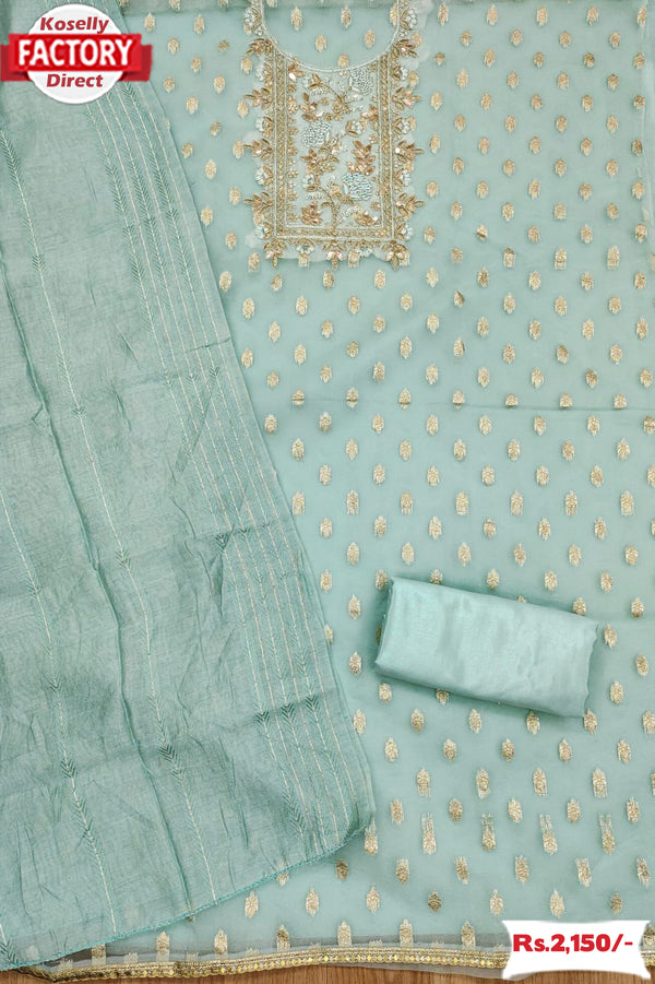 Dusty Blue Organza Jacquard Embroidered Kurtha Suruwal Piece