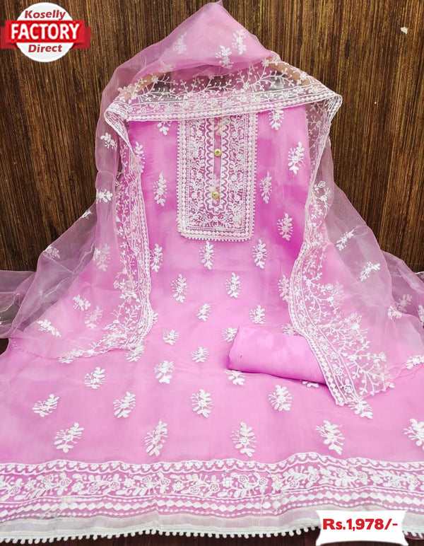 Pink Embroidered Organza Kurtha Suruwal Piece