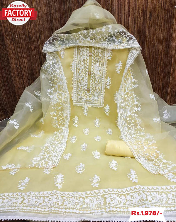 Light Yellow Embroidered Organza Kurtha Suruwal Piece