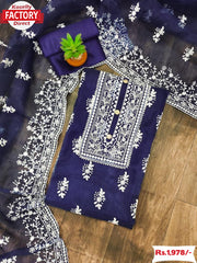 Navy Blue Embroidered Organza Kurtha Suruwal Piece