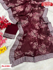 Wine Georgette Floral Saree With Banarsi Border