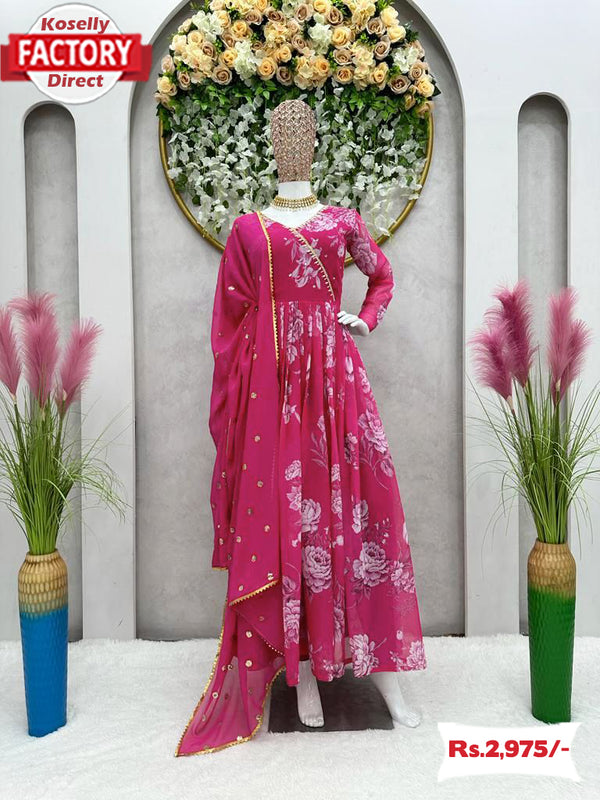 Pink Floral Georgette Gown Dupatta Set