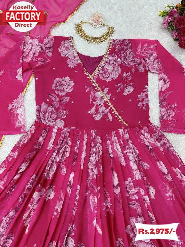 Pink Floral Georgette Gown Dupatta Set