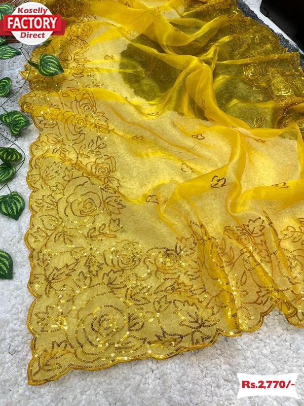 Yellow Soft Organza Floral Sequins Saree