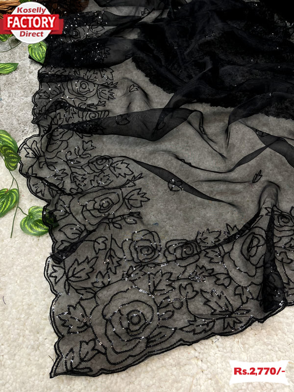 Black Soft Organza Floral Sequins Saree