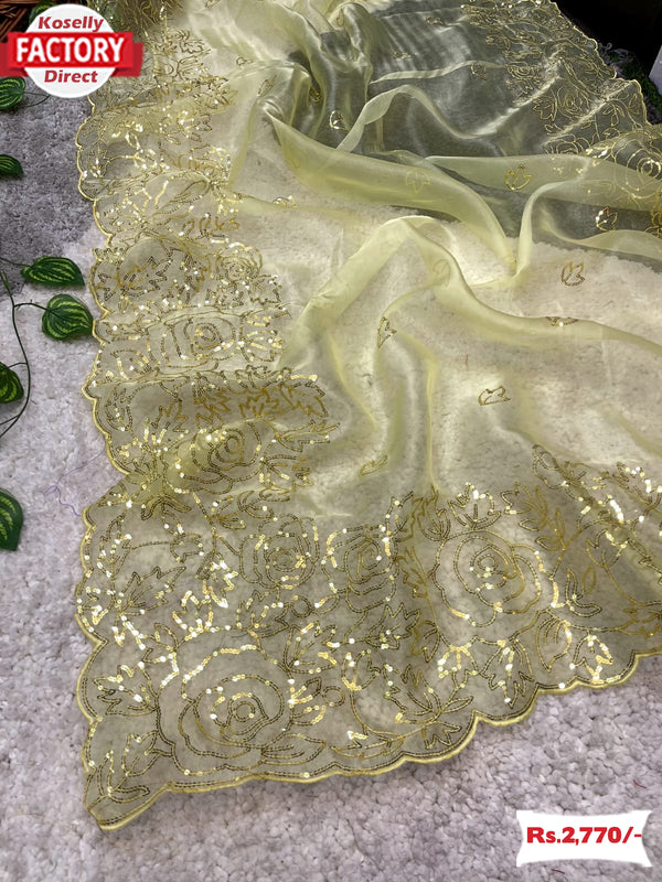 Yellow Soft Organza Floral Sequins Saree