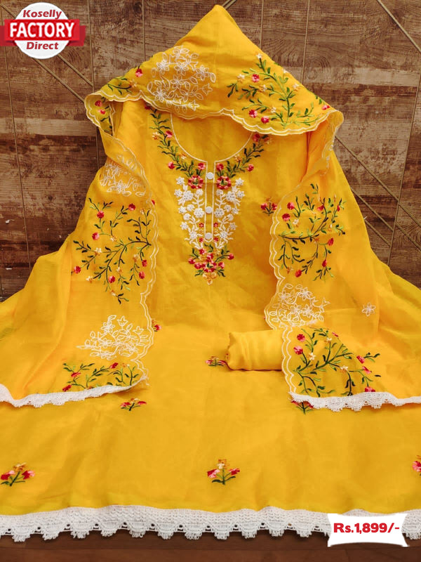 Bright Yellow Chanderi Embroidered Kurtha Suruwal Piece