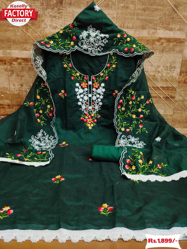 Dark Green Chanderi Embroidered Kurtha Suruwal Piece
