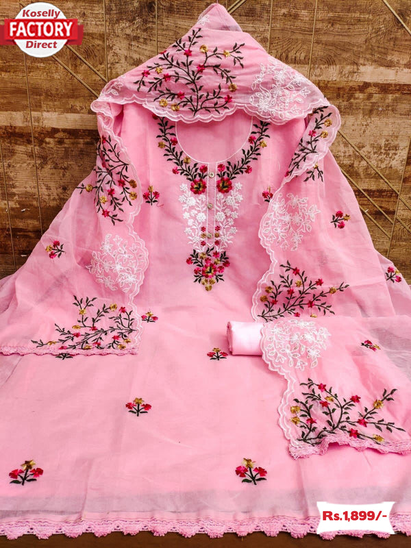 Pink Chanderi Embroidered Kurtha Suruwal Piece