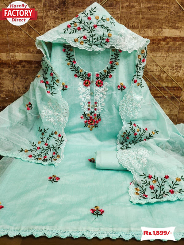 Light Blue Chanderi Embroidered Kurtha Suruwal Piece