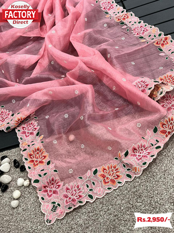 Pink Organza Silk Multi-thread Embroidery Work Saree