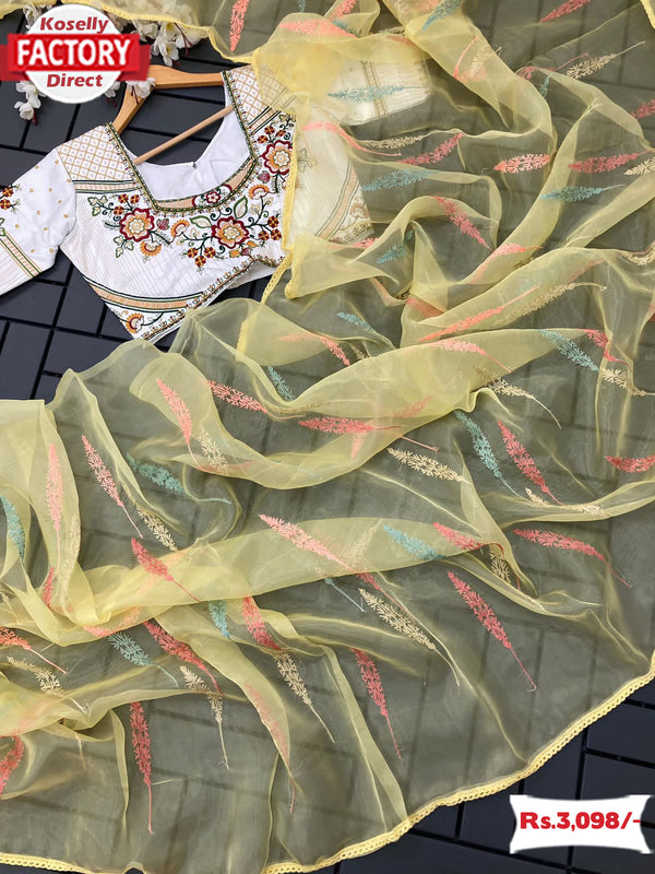 Yellow Pure Organza Multi-embroidery Saree