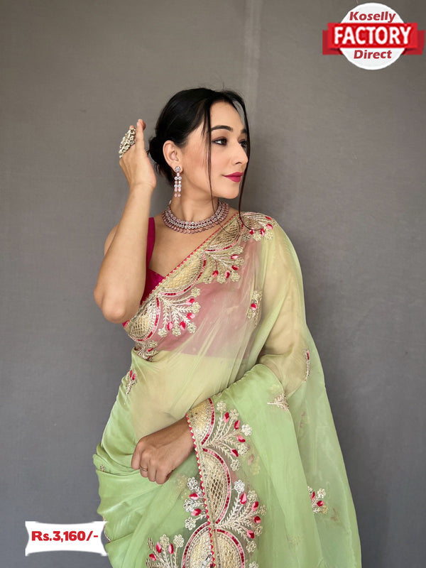 Light Green Pure Organza Saree With Gotapatti Embroidery