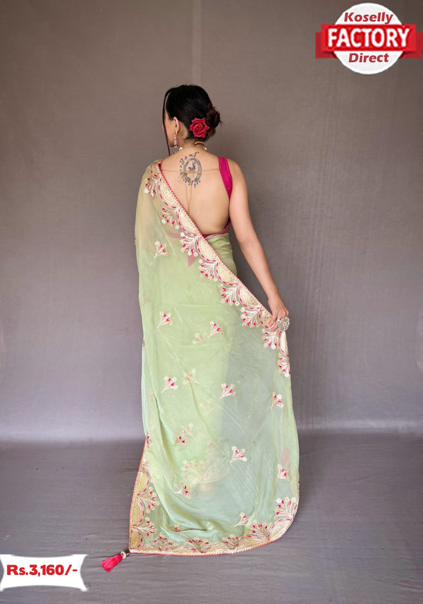 Light Green Pure Organza Saree With Gotapatti Embroidery