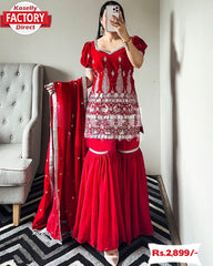 Red Georgette Embroidered Kurtha Sharara Dupatta Set
