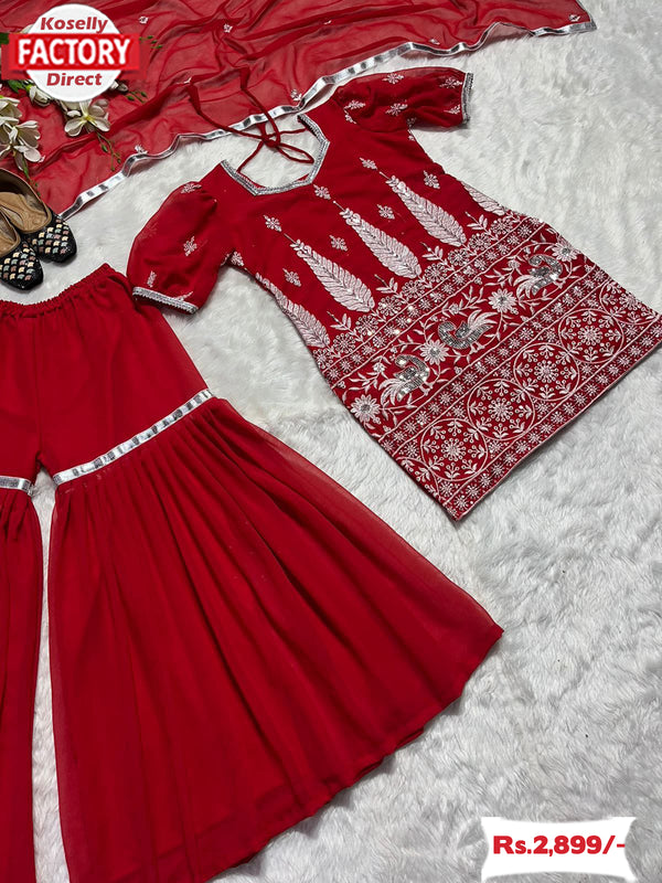 Red Georgette Embroidered Kurtha Sharara Dupatta Set