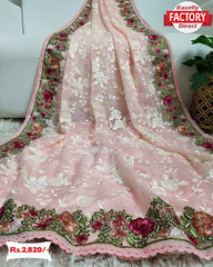Pink Organza Chikankari Worked Partywear Saree
