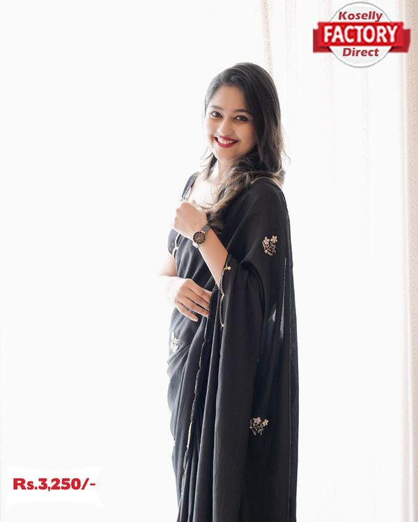 Black Chinnon Silk Saree With Hand Pearl Work
