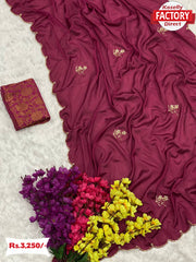 Cerise Chinnon Silk Saree With Hand Pearl Work
