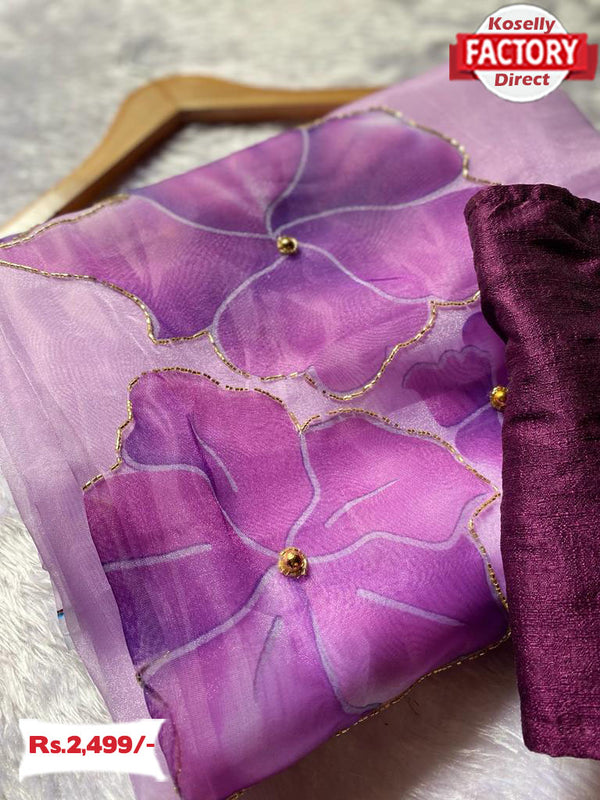 Lavender Designer Handwork Organza Saree