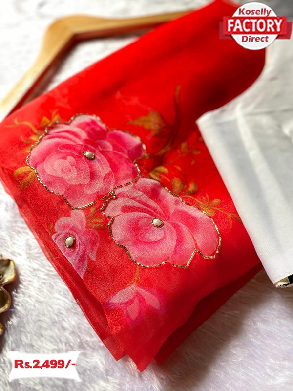 Red Designer Handwork Organza Saree