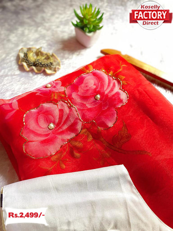 Red Designer Handwork Organza Saree