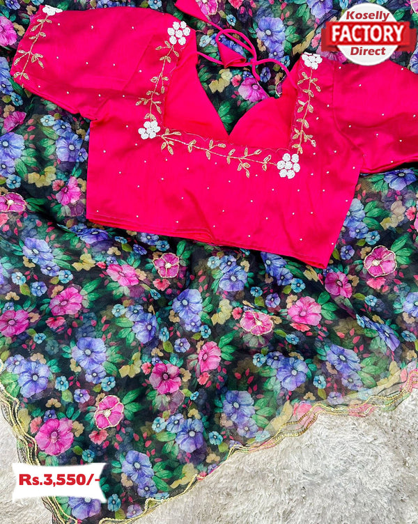 Floral Organza Saree With Handwork Readymade Blouse