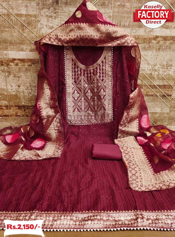 Maroon Chanderi Silk Embroidered Kurtha Suruwal Piece