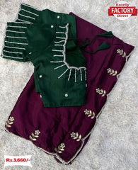 Wine Handwork Silk Saree With Readymade Handwork Blouse