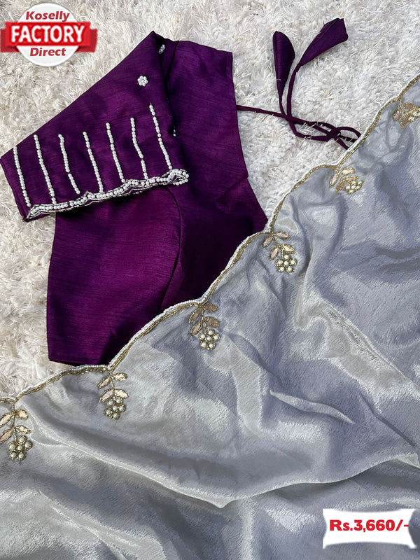 Silver Handwork Silk Saree With Readymade Handwork Blouse