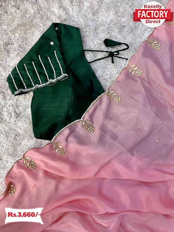 Pink Handwork Silk Saree With Readymade Handwork Blouse