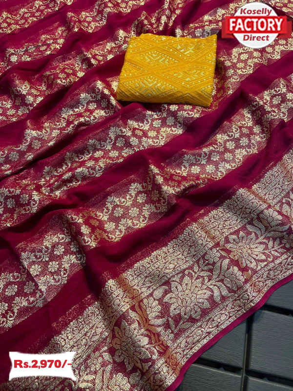 Wine Pure Georgette Banarasi Rich Zari Saree