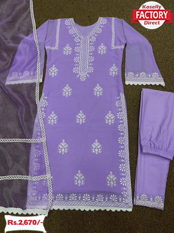 Lavender Georgette Embroidered Kurtha Pant Dupatta Set