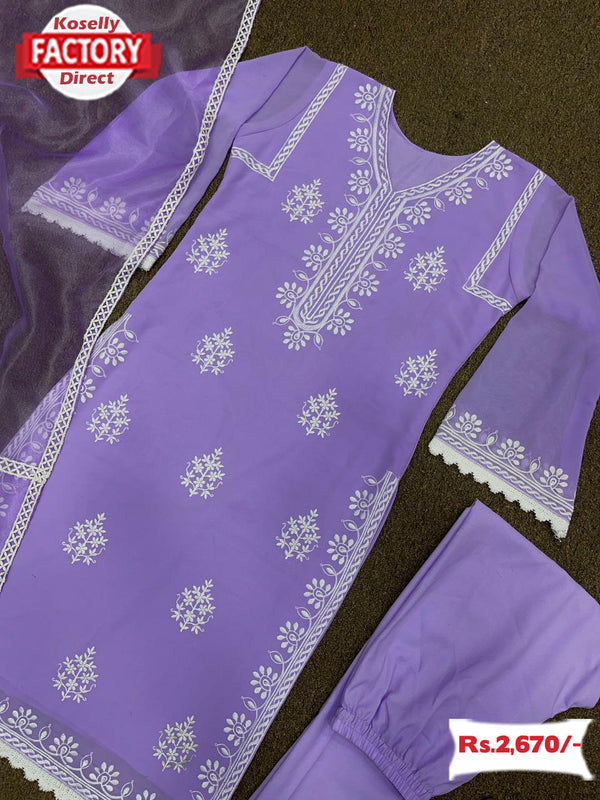 Lavender Georgette Embroidered Kurtha Pant Dupatta Set