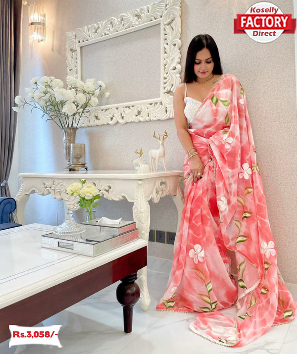Pink Pure Zomato Silk Hand Painted Saree With Stitched Chikankari Blouse