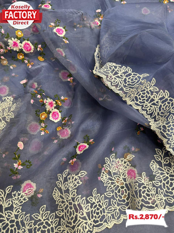 Ash Pure Organza Embroidered Saree